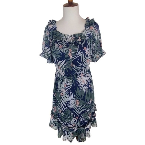 Walter Baker Tropical Print Ruffle Mini Dress Blue Green Shay Style M NWT - Picture 2 of 9